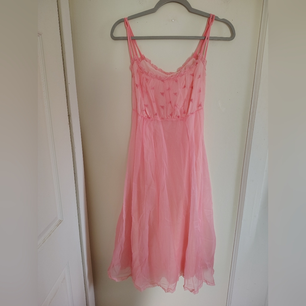 Vintage Pink Babydoll Dress Small Nylon Lace Sheer Fairy Regency Victorian Boho